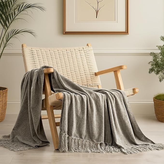 EVERGRACE Soft Chenille Throw Blanket for Couch, Cozy Plush Fuzzy Decorative Chenille Knit Throw Blanket with Tassels, Lightweight Blanket and Throws for Bed Sofa Gift Home Decor, Taupe 50"x60"
