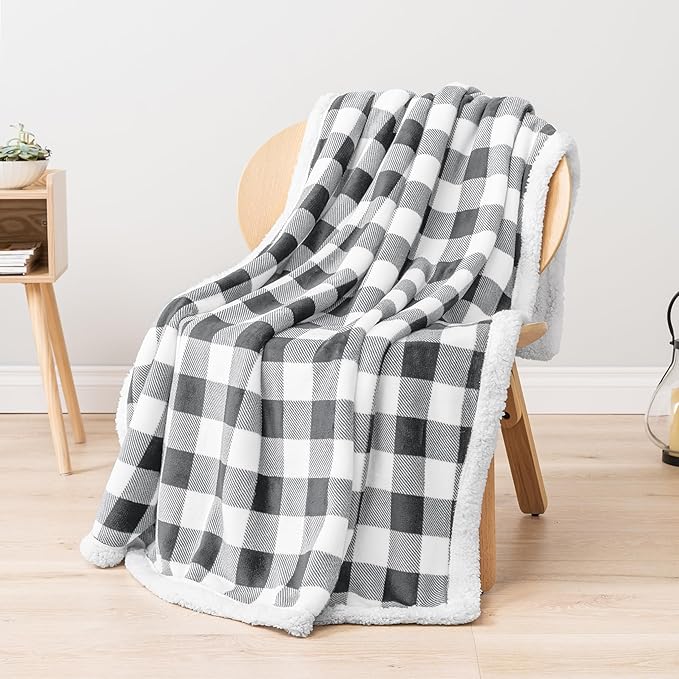 PAVILIA Light Grey Buffalo Plaid Sherpa Throw Blanket for Couch Twin, Soft Fuzzy Flannel Blanket for Bed, Plush Checkered Fleece Blanket and Throws, Warm Thick Winter Blanket Gift, 60x80