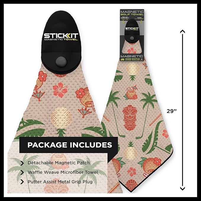 STICKIT Magnetic Sandy Tiki Golf Towel | Top-Tier Microfiber Golf Towel with Deep Waffle Pockets | Industrial Strength Magnet for Strong Hold to Golf Carts or Clubs