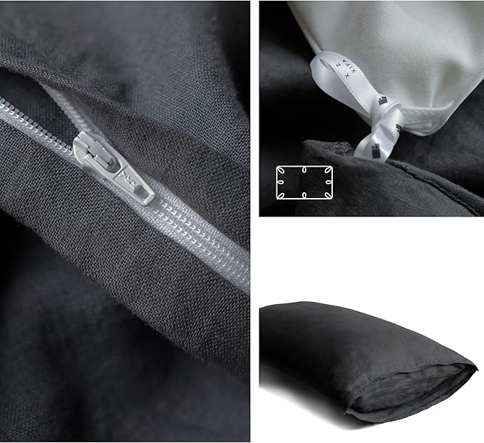 XZ XIFA Dark Grey 100% Linen Duvet Cover King Size Bedding Set, Cooling Duvet Cover with Natural Washed French Flax, Soft, Breathable, Textured Duvet Cover (1 Duvet Cover, 2 Pillowcases)