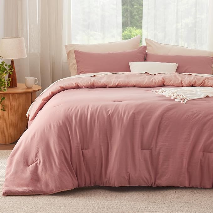 Bedsure King Size Comforter Set, Reversible Pink Clay Soft Prewashed Bedding for All Seasons, 3 Pieces Warm Down Alternative Bed Set, 1 Lightweight Comforter (104"x90") and 2 Pillowcases (20"x36")