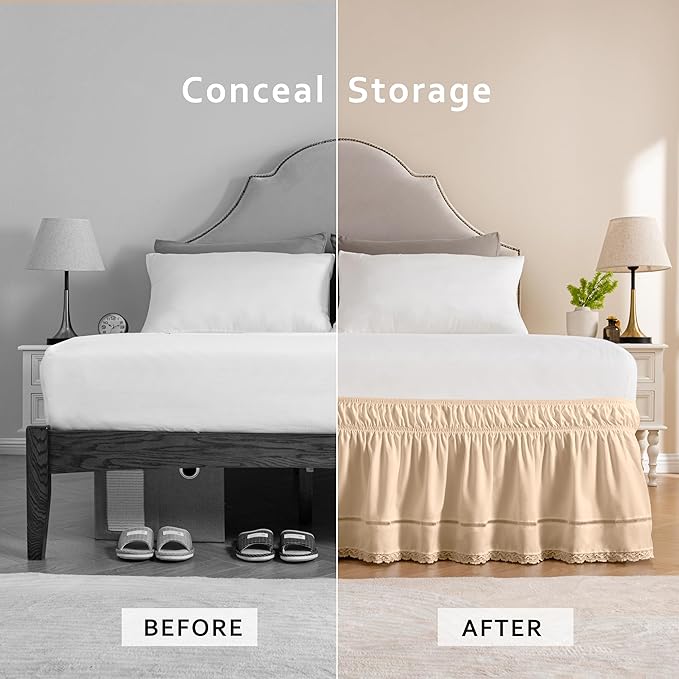 MIYE Wrap Around Ruffled Lace Bed Skirt, Elastic Dust Ruffle with Adjustable Belts, Easy to Put On, Bed Frame Cover, Machine Washable (Floral Lace/Beige, King/Queen-15 Drop)