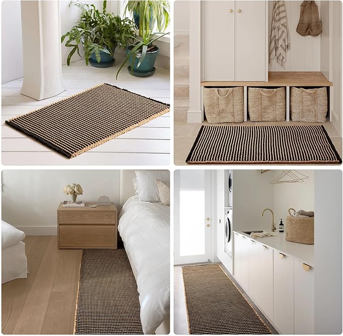 Waffle Bath Mat, Boho Bathroom Rugs Non Slip Washable Super Absorbent Quick Dry Bath Mat Farmhouse Bathroom Decor, 48"x24" Khaki and Black