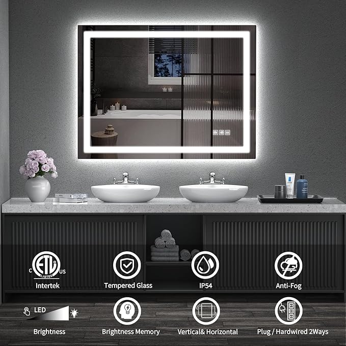 LED Mirror for Bathroom, 48x36 Inch Backlit + Front Lighted Bathroom Vanity Mirror with Lights for Wall, Double Light Strips, 3 Colors, Shatter-Proof, Anti-Fog and Brightness Memory