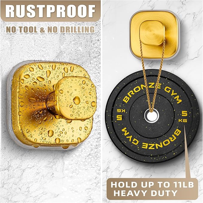 Suction Cup Hooks for Shower - Resuable Bathroom Hooks for Towels, Robes & Loofah - No-Drill Mounting on Kitchen,Walls,Metal,Glass,Mirrors,Tile & Smooth Non-Porous Surfaces (4, Brushed Gold)