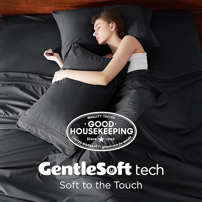 Bedsure Deep Pocket King Sheet Set - Fits Mattresses Up to 21 Inches Thick - 4 Piece GentleSoft Bed Sheets, Moisture Wicking, Soft & Cooling Bedsheet & Pillowcases, Easy & Secure Fit, Black