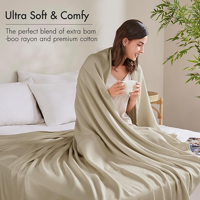Madison Park Queen Size Blanket, 70% Rayon Bamboo-Based, 30% Cotton, Breathable for Hot Sleepers Menopause, Ultra Soft and Snag-Resistant, Summer Blanket for Bed or Couch, Queen 90"x90" Khaki