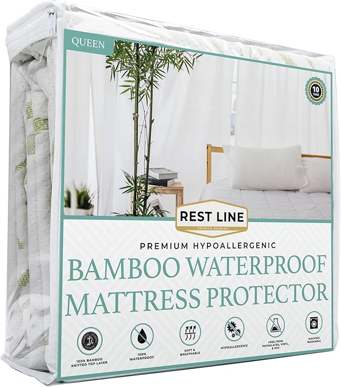 Queen Size 60x80” Premium Bamboo Waterproof Mattress Protector, 100% Viscose from Bamboo, Hypoallergenic, Cooling Mattress Pad Cover, Soft & Breathable Fitted Sheet Style up to 18" Deep - Rest Line