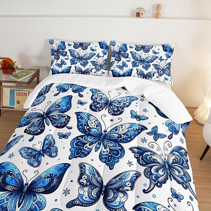 Blue Butterfly Comforter Bedding Set Queen Size,Bohemian Style Blue Series Bedding for Kids Girls Boys,Insect Themed Children's Bedding Soft Fluffy Comforter Sets with 2 Pillowcases.
