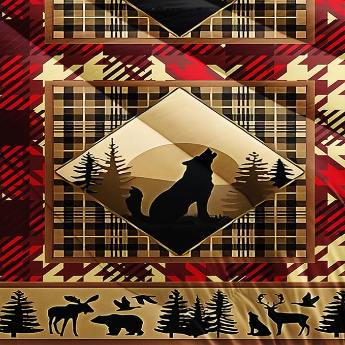 Red and Black Plaid Comforter Set King，King Size Bedding Set Animal Print，Rustic Farmhouse Quilt Bedding Sets King，Animal Print Bedroom Decor，with 1 Comforter with 2 Pillow Case