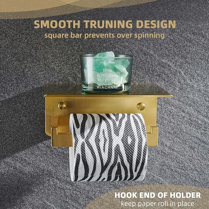 Angle Simple Toilet Paper Holder with Shelf, 304 Stainless Steel Bathroom Tissue Roll Holder for Wall Brushed Gold
