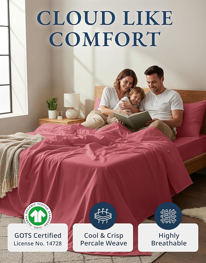 LANE LINEN 100% Organic Cotton California King Sheets Set, 4-Piece Pure Organic Cotton Long Staple Percale Weave Soft Best Bedding Sheets for Bed, Breathable, Fits Mattress Upto 15" Deep - Mineral Red