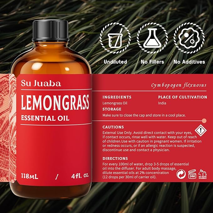 SU JUABA Lemongrass Essential Oil 4 Oz, 100% Pure Natural Aromatherapy Oil for Diffuser, Skin Care, Candle - 118ML