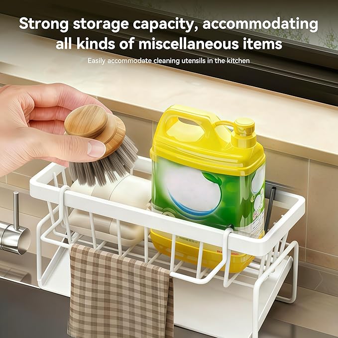 Sponge Holder for Kitchen, Sink Caddy Organizer Rack for Kitchen Accessories, Soap Dispenser Countertop Organizer Essentials for Home (White)