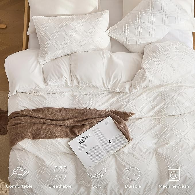 JELLYMONI Duvet Cover King Size White - 3PCS Boho Duvet Cover Set Plaid Polyester Tufted Bohemian Jacquard Knit Textured Comforter Cover 104×90in Rhombic Geometric Pattern Zipper Corner Tie