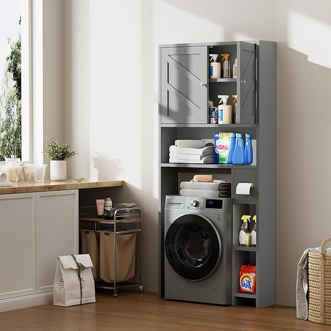 Meilocar Farmhouse Storage Cabinet Over Toilet with Toilet Paper Holder Stand, Freestanding Bathroom Storage Organizer Cabinet, Grey