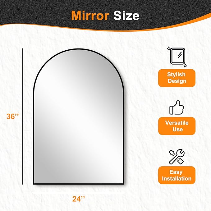 Delma Arched Bathroom Mirror, 24"x36" Wall Mounted Vanity Mirror for Bedroom, Living Room and Entryway, Black