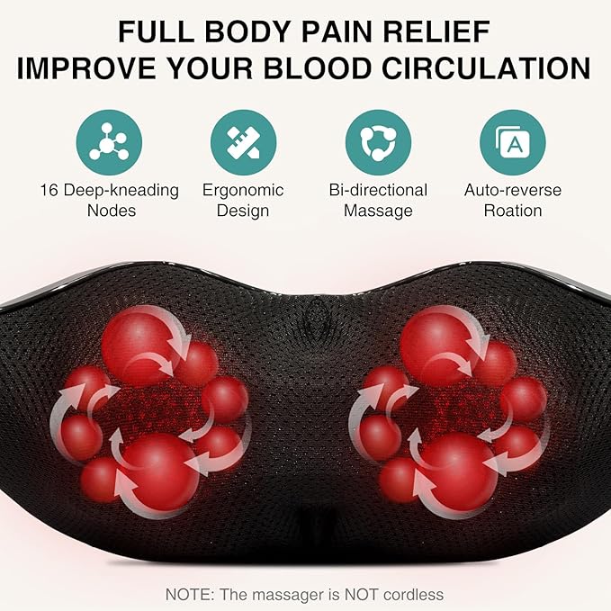 Nekteck Shiatsu Neck and Back Massager with Soothing Heat, Shoulder Massager for Pain Relief Deep Tissue, Electric 3D Kneading Massage Tools for Leg Body Muscle, Corded Power, Gifts for Him Her