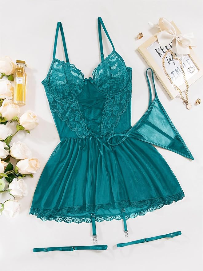 Lilosy Sexy Garter Belt Mesh Lace Babydoll Lingerie Dress Set with Thong
