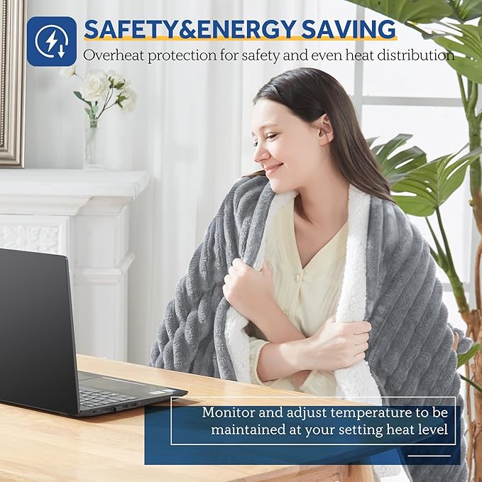 SEALY Heated Blanket Electric Throw, Ribbed Flannel to Sherpa,50"x60" Heating Blanket Throw, 6 Heat Levels & 2-10 Hours Auto-Off Over-Heat Protection, Machine Washable, Light Grey