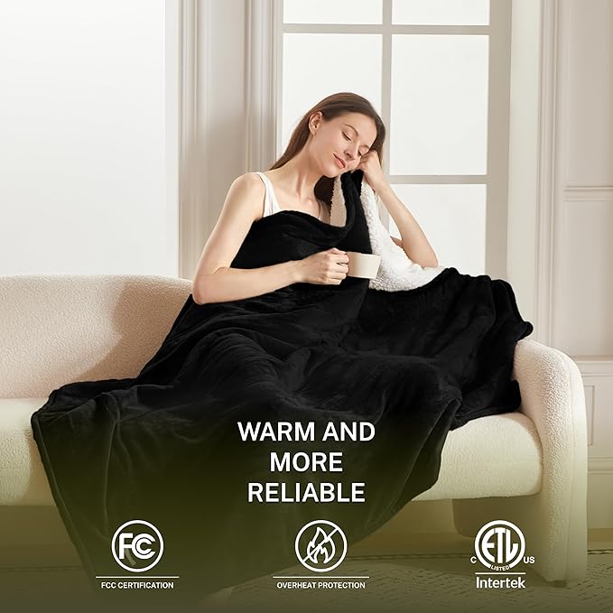 Heat Blanket 62”x84” Twin Size,Soft Flannel & Sherpa Reversible Electric Blanket with 10 Heat Settings,12 Timer Setting and 8 Hours Auto-Shut Off,ETL Certified Machine Washable,Black