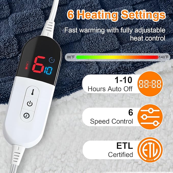 Electric Heated Blanket Queen Size Dual Control - Jacquard Checkered Sherpa 84"x90" Fast Heating Bed Blankets with 6 Heating Levels & 10 Hours Auto Off, Over-Heat Protection ETL, Navy Blue