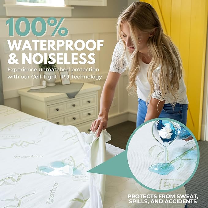 Queen Size 60x80” Premium Bamboo Waterproof Mattress Protector, 100% Viscose from Bamboo, Hypoallergenic, Cooling Mattress Pad Cover, Soft & Breathable Fitted Sheet Style up to 18" Deep - Rest Line