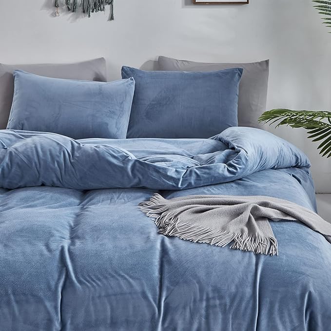 Cottonight Blue Velvet Comforter Set Queen Blue Flannel Bedding Set Queen Size Winter Blanket Quilts Modern Heavyweight Warm 3 Piece Velvet Comforter Set