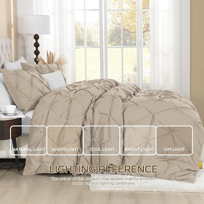 Litanika Khaki Pinch Pleat Duvet Cover Queen(90x90Inch), 3 Pieces(1 Duvet Cover, 2 Pillowcases) Luxurious Pintuck Bedding Set, Soft Microfiber Duvet Cover with Zipper Closure & Corner Ties