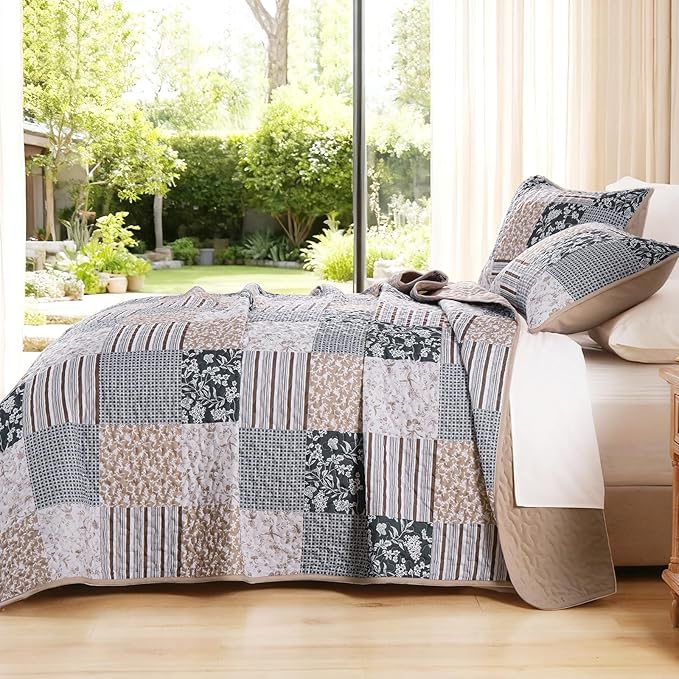 Mybedsoul Patchwork Quilt Set King Size, 3 Pieces Blue Brown Floral Plaid Bedspread Coverlet Set, Reversible Soft Microfiber Bedding Set for All Season, Fall Winter King 90"x104"