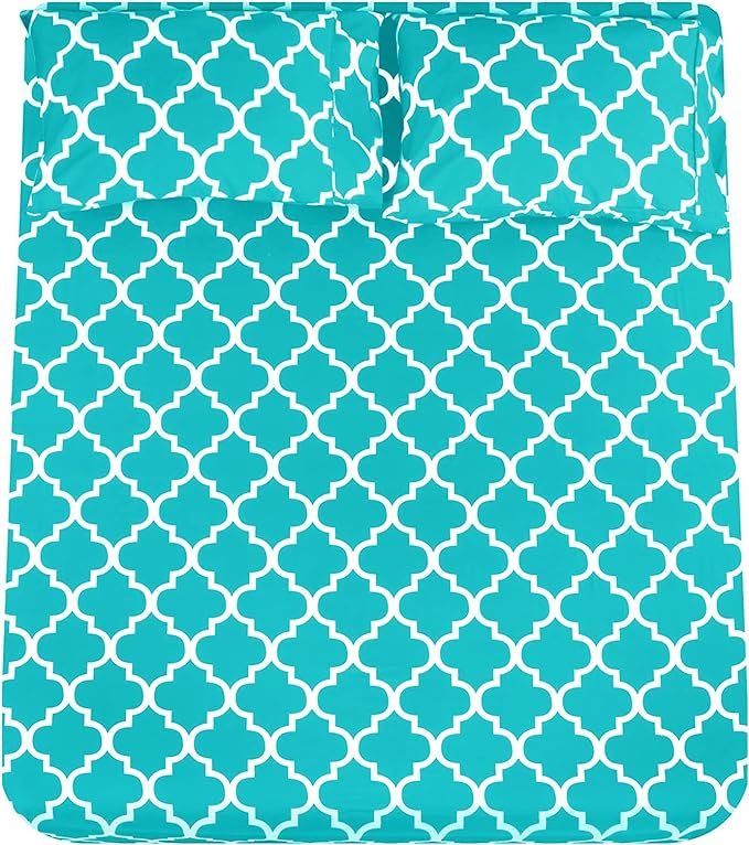 Mejoroom Full Bed Sheet Set - Super Soft Brushed Microfiber 1800 Thread Count Sheets with 16 inch Deep Pocket - Wrinkle Free - 4 Piece(Full, Aqua Quatrefoil with White Pattern)