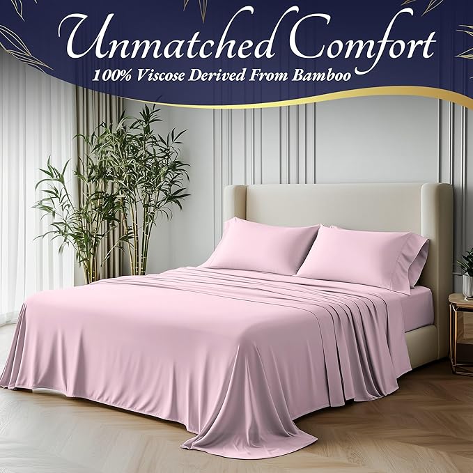 DECOLURE 100% Viscose Derived from Bamboo Sheets Queen Size 4pcs - Ultra Soft & Luxuriously Cooling, 17" Deep Pocket, Double Stitching, Perfect for Hot Sleepers - Queen Bed Sheets (Light Pink)