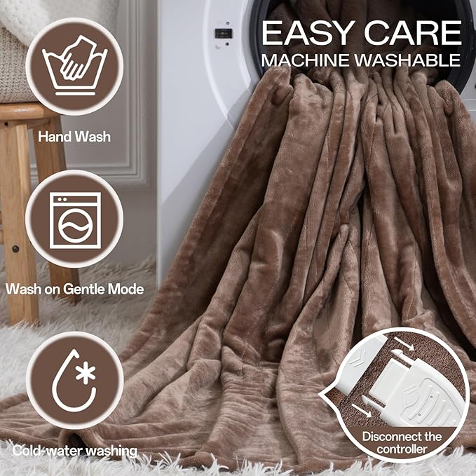 Electric Blanket Queen Size, Ultra Soft Flannel Heated Blanket for Full Body, Dual Control Heating Blankets with 10 Hours Automatic Shut Off, 8 Heating Levels, Washable, Double Zone, 84" x 90" Brown