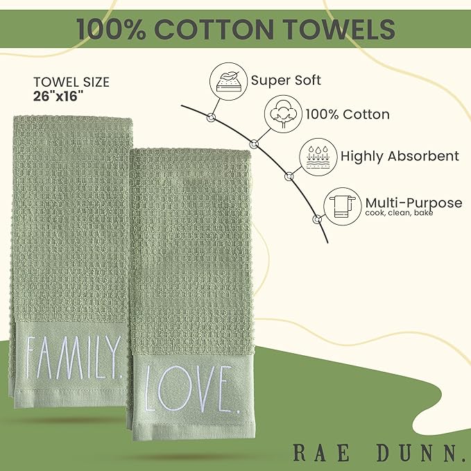 Rae Dunn Set of Hand Towels for Kitchen and Bathroom, 100% Cotton, Embroidered Dish Towels, Decorative Hand Towels, Sage- Love/Family, 2 Pack