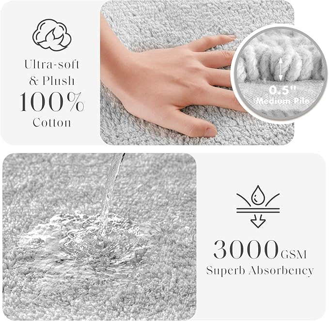 Madison Park Splendor Reversible 100% Cotton Tufted Bathroom Rug-3000 GSM Hotel Quality Luxurious Plush Medium Pile Bath Mat Absorbent, Quick Dry, Shower Room Décor, 17x24 Grey