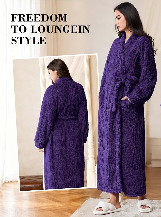 Artfasion Womens Long Fleece Robe - Warm Soft Floor Length Flannel Bathrobes for Winter Thicker Long House Coat with Pockets