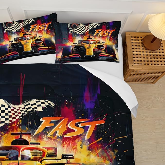 F1 Race Car Comforter Set Queen for Boys，Boys Queen Size Bedding Set Race Car，with 1 Comforter with 2 Pillow Case，F1 Race Car Themed Bedroom Decor
