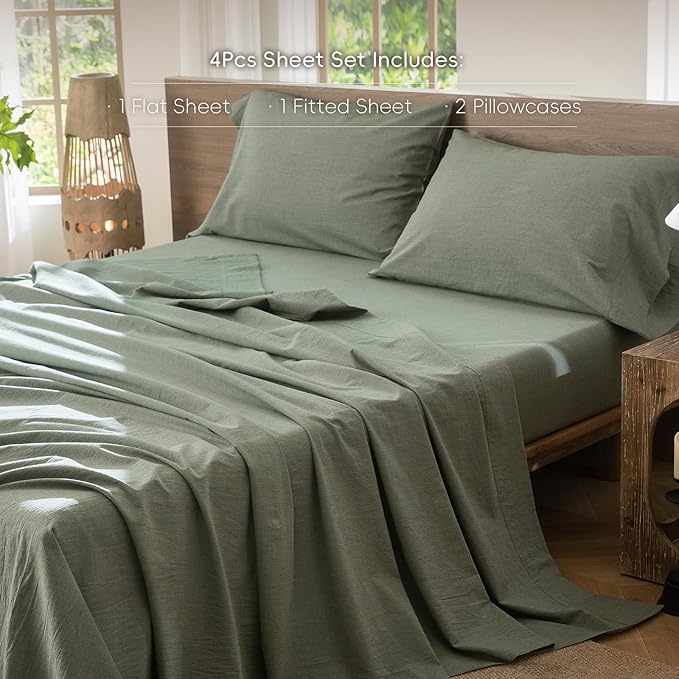 MooMee Bedding Sheet Set 100% Washed Cotton Linen Like Textured Breathable Durable Soft Comfy (Heathered Green, King)