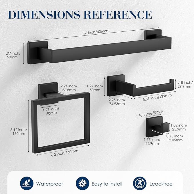 7-Pieces Towel Racks for Bathroom, SUS304 Matte Black Bathroom Accessory Set, Stainless Steel Black Bathroom Accessories, Stainless Steel Wall Mounted, Bath Towel Bar Set