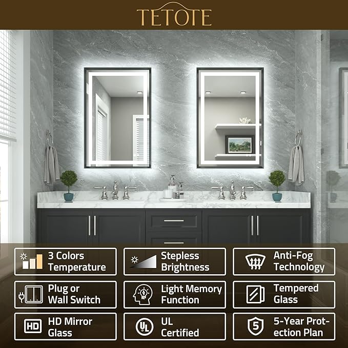 TETOTE 40 x 32 Bathroom LED Mirror Brushed Gunmetal Gray Frame Frontlit & Backlit Vanity Mirror Anti-Fog Stepless Dimmable 3 Colors White/Warm/Natural Wall-Mounted