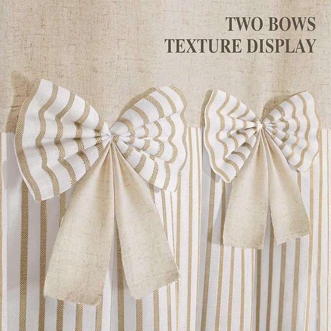 Farmhouse Shower Curtain Linen Beige Bow Woven Fabric Country Rustic Western, Pleated Beige Stripe 72" W x 90" L