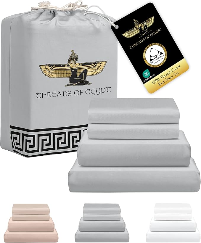 100% Egyptian Cotton Sheets Queen Size | 1200 Thread Count | CEA Gold Seal Certified | Ultra Soft | Cooling for Hot Sleepers | 18" Deep Pocket | Queen Size [Grey]