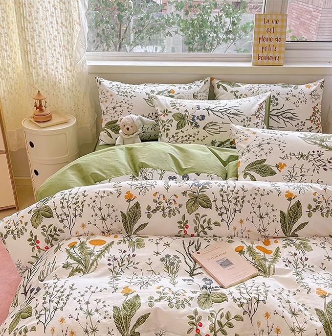 KAREVER Botanical Comforter Set Twin Cotton White and Green Floral Plant Bedding Set Garden Pattern Printed on White Reversible Blanket 3 PCs 1 White Comforter 2 Pillowcases
