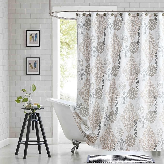 Extra Long Fabric Shower Curtain, White and Beige Boho Damask Print Shower Curtains for Bathroom, 72" W x 84" H