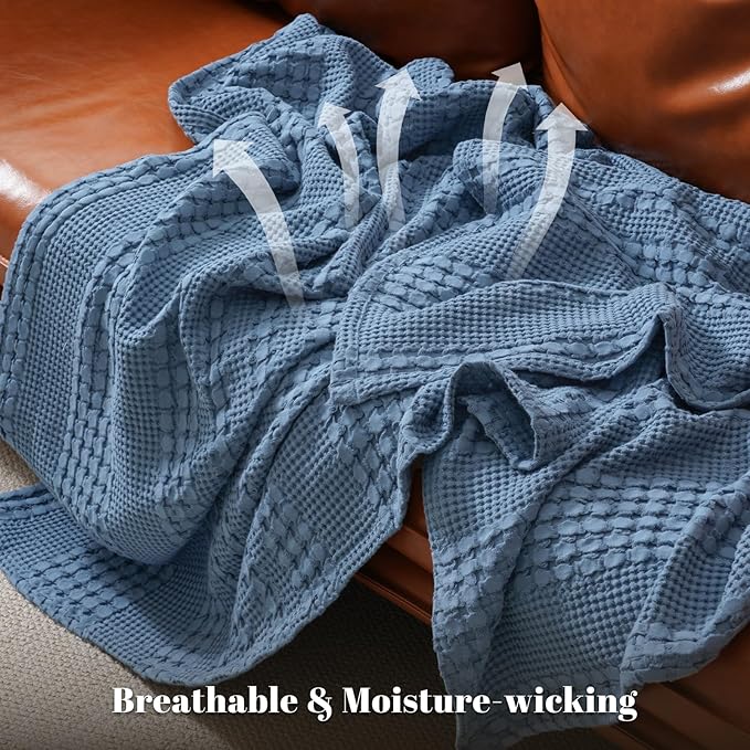 PHF 100% Cotton Waffle Weave Blanket Queen Size for Bed, Soft Lightweight & Breathable, All-Season Comfort, Luxury Aesthetic Woven Bedding for Home Decor, 90"x90", Denim Blue