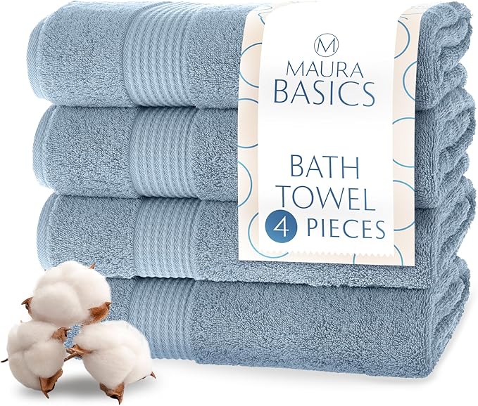 MAURA Basics Performance Bath Towels 100% Turkish Cotton with Hook Loops. Extra Large Luxury Absorbent Plush Towel Sets for Bathroom, Daily Use American Standard Size 27”x54”, Blue Gray
