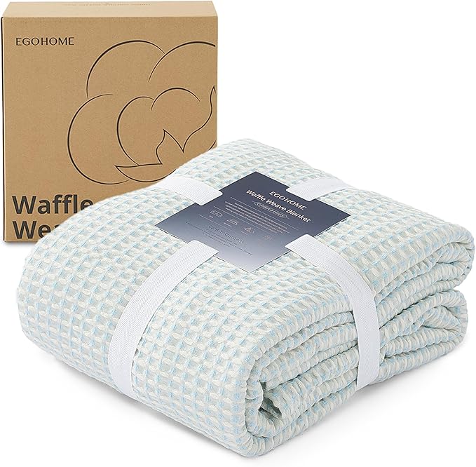 EGOHOME 100% Cotton Waffle Blanket Twin Size for Bed-Breathable and Lightweight,Soft Dual-Tone Textured Jacquard Waffle Weave Blankets for All-Seasons,Angel Falls Blue,60 x 80 Inches