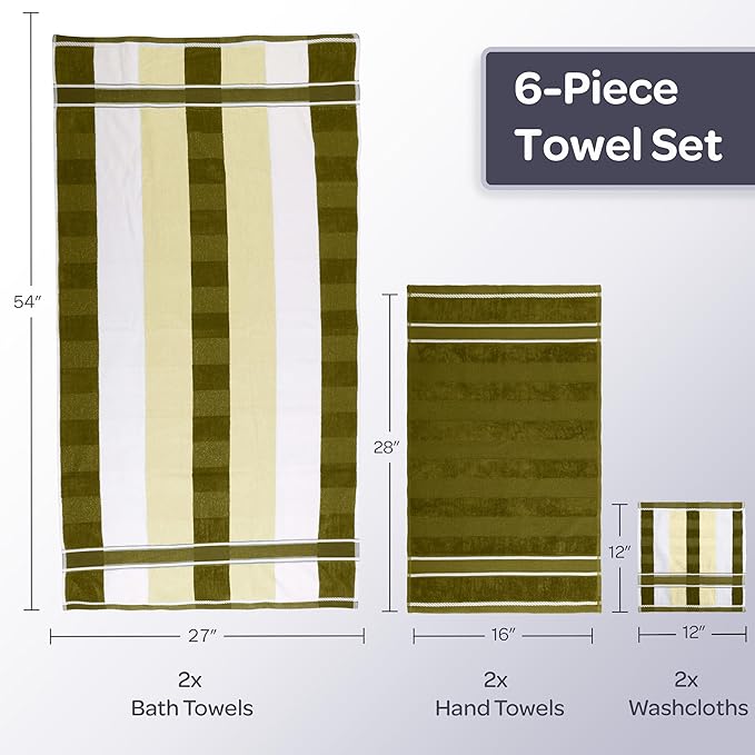 Lavish Home 6 Piece Bathroom Towels Set - 525 GSM 100% Cotton Bathroom Accessories - 2 Bath Sheets, 2 Hand Cloths , and 2 Wash Cloths - Soft Towel Set for Shower, Gym, Dorm, and Spa (Green)