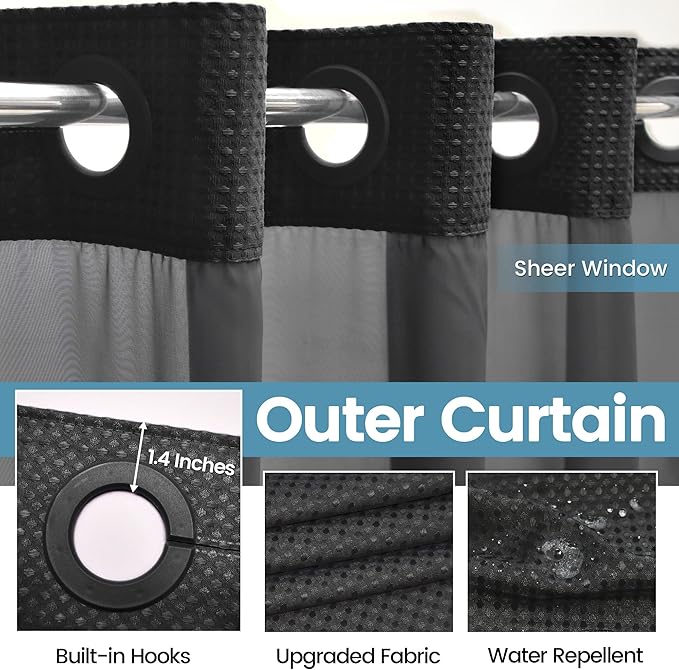 Black Long Shower Curtain with Liner - 230GSM Waffle Textured Heavy Duty Shower Curtains for Bathroom,71W x 86H
