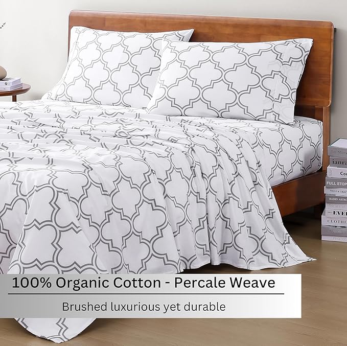 LANE LINEN 100% Organic Cotton Twin XL Sheet Set, Low Pilling Printed Fade Resistant Machine Washable Extra Long Twin Bedding Set, Soft & Comfy Printed Cotton Sheets - Trellis